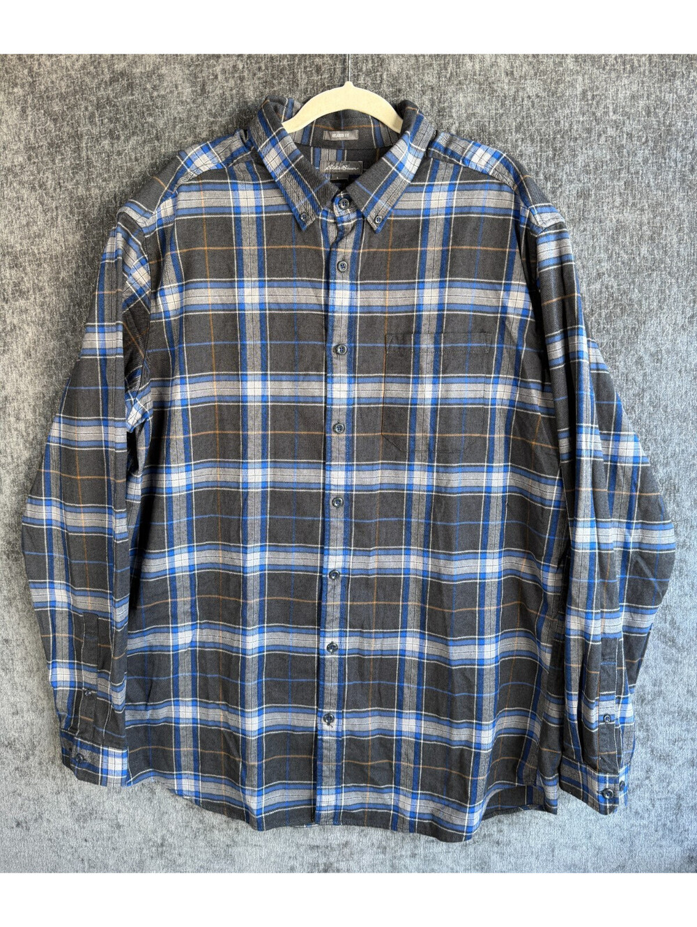 Eddie Bauer Plaid Flannel Shirt Mens XL Tall Blue Grey Black Relaxed Fit